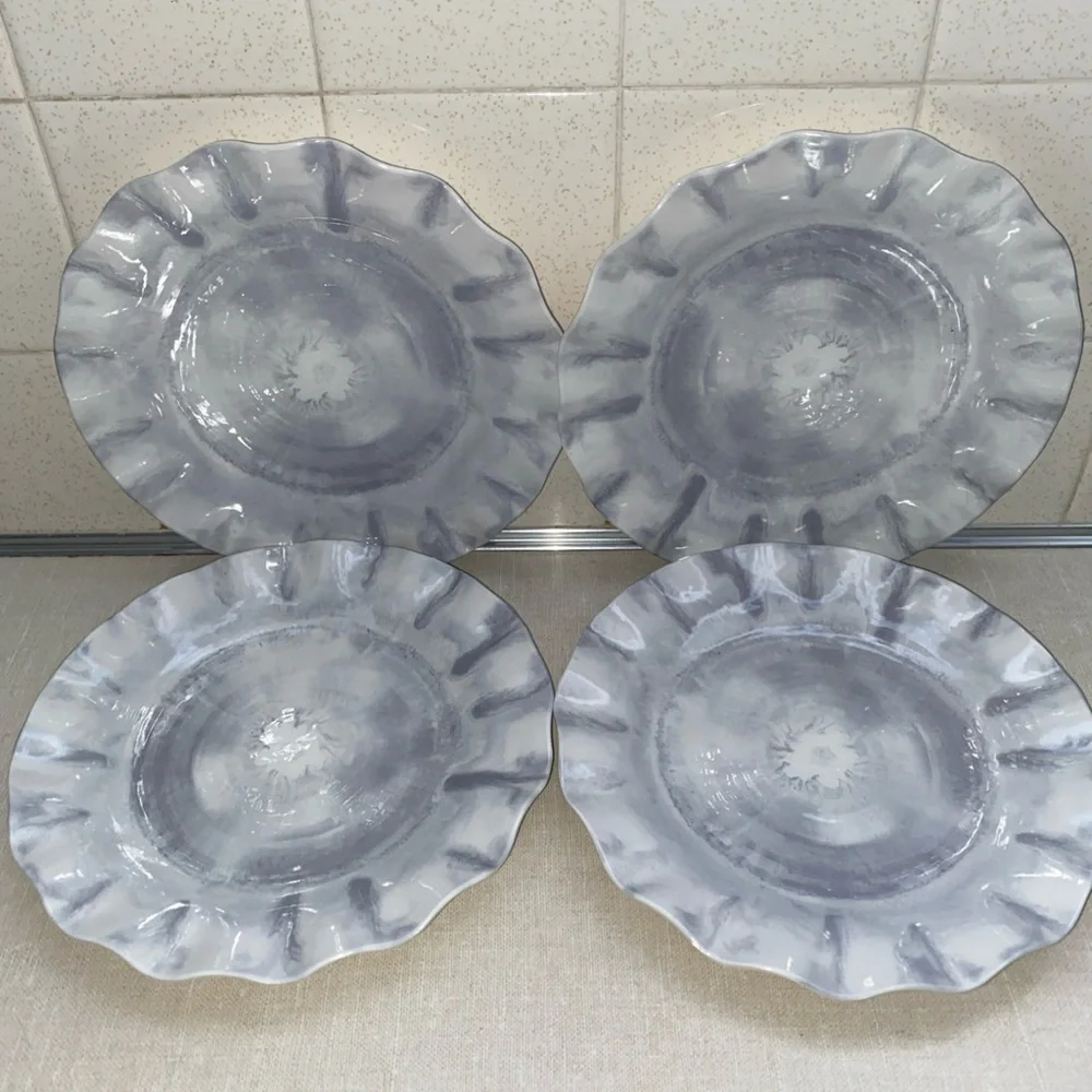 Pier 1 Melamine White Gray Salad Plates Set Of 4 Scallop‎ Edges NWT